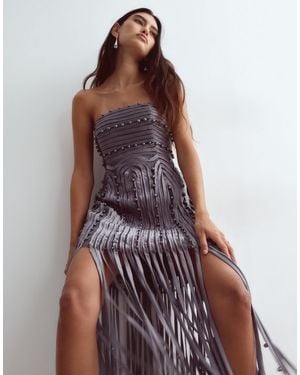 ARRANGE Beaded Linear Fringe Hem Strapless Midi Dress - Purple