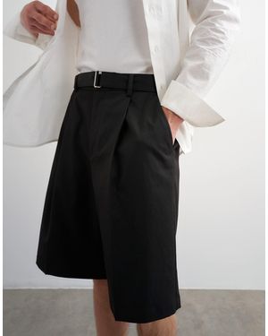 TOPMAN Wide Leg Belted Twill Shorts - Black