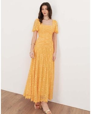 Maya Square Neck Angel Sleeve Lace Midaxi Dress - Metallic