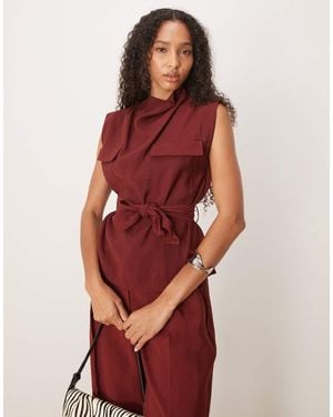 Mango High Neck Belted Sleeveless Top Co-ord - Red