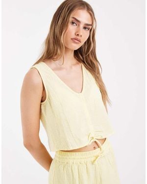 Pieces Crinkled Cotton Sleeveless Tie Front Top - Natural