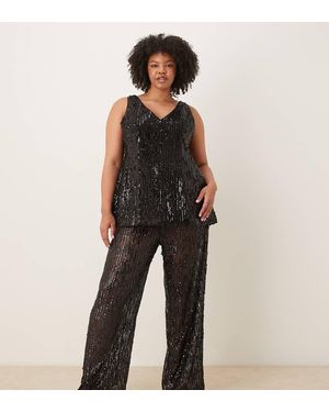 ASOS Asos Design Curve Tailored Wide Leg Sheer Sequin Trousers Co-ord - Black
