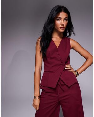 Kaiia Exclusive Asymmetric Button Front Sleeveless Waistcoat Top Co-ord - Red