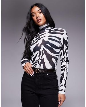 ASOS Sheer Gauzy Mesh Zebra Printed Roll Neck Top - Grey