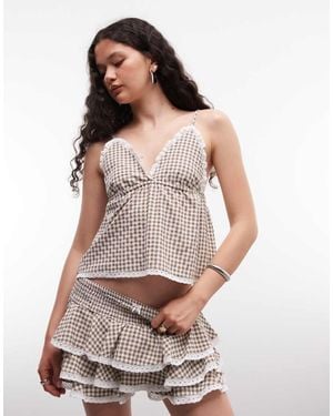 Daisy Street Top Marrón A Cuadros De Estilo Babydoll De Tirantes Con Cuello De Pico Y Detalle De Encaje (Parte De Un Conjunto)