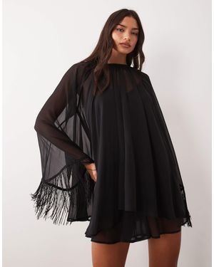 ASOS Overlay Layered Fringe Hem Sleeve Mini Dress - Black