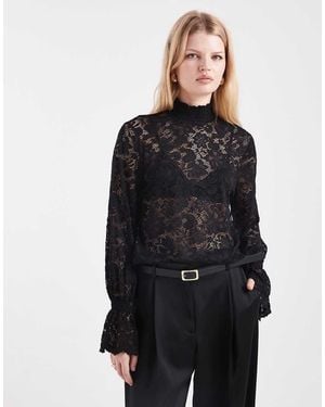 Pieces Frill Cuff High Neck Lace Top - Black