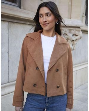 Threadbare Suedette Cropped Trench Coat - Brown