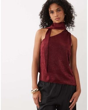 New Look One Shoulder Satin Scarf Neck Top - Red
