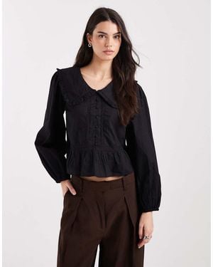 New Look Frill Collar Blouse With Broderie Trim - Black