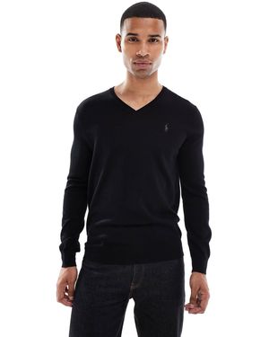 Polo Ralph Lauren Icon Logo V-neck Merino Wool Knit Jumper - Blue