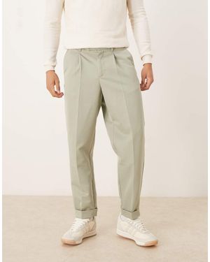 ASOS Relaxed Tapered Fit Smart Trousers With Turnup - Natural