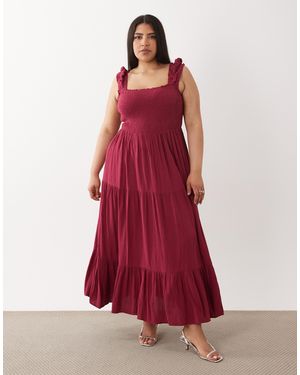 Vila Curve Robe longue à volants étagés et corsage froncé - lie-de-vin - Rouge
