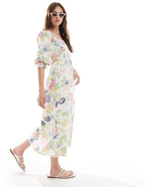 New Look Vestito Arricciato A Maniche Lunghe Color Crema A Fiori - Bianco