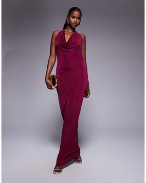 Aria Cove Slinky Deep Cowl Neck Open Tie Back Maxi Dress - Purple