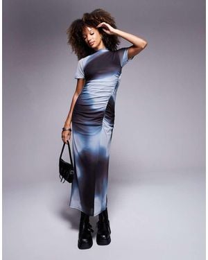 ASOS Short Sleeve Drape Mesh Midi Dress With Ruching - Blue