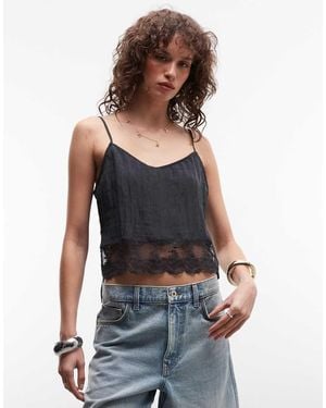 Monki Textured Satin Lace Top - Black
