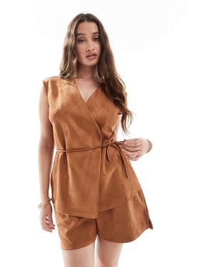 Object Faux Suede Tie Waist Waistcoat Co-ord - Brown