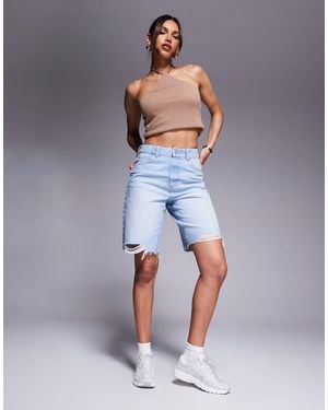ASOS Denim Bermuda Short With Rips - Blue