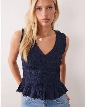 Mango Teen V Neck Shirred Sleeveless Top - Blue