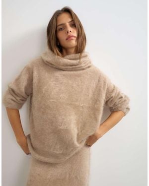 TOPSHOP Gebreide Mix-En-Match Trui Van Geborsteld Puur Kasjmier Met Hoge Opstaande Kraag - Naturel