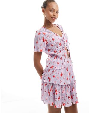 Pieces Tie Front Plisse Top Co-ord - Red