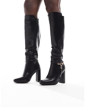 SEQWL Wide Fit Boost Buckle Detail Knee Boots - Black