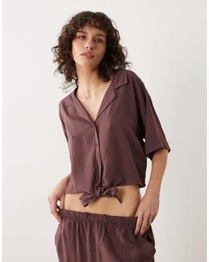 Jdy Tie Front Linen Mix Shirt Co-ord - Brown