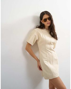TOPSHOP Denim Short Sleeve Mini Dress - Natural