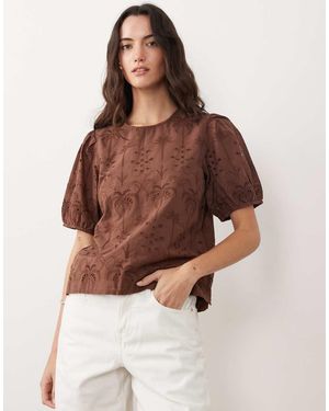 New Look Palm Cutwork Puff Sleeve T-shirt - Brown