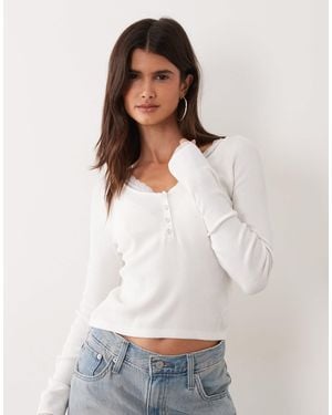 Miss Selfridge Ribbed Knit Lace Button Up Long Sleeve Top - White