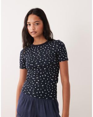 Jdy Flower Print Ribbed T-shirt - Blue
