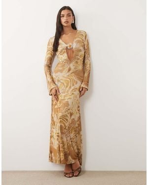 ASOS Printed Mesh Fluted Sleeve Maxi Dress With Gold-tone Trim Detail - Natural