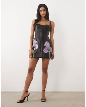 JW PEI Iris Faux Leather Corset Detail 3D Floral Mini Dress - Black
