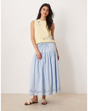 Neon Rose Embroidered Edge Midaxi Skirt - Blue