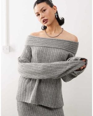 Collusion Knitted Ribbed Off The Shoulder Jumper - Grey