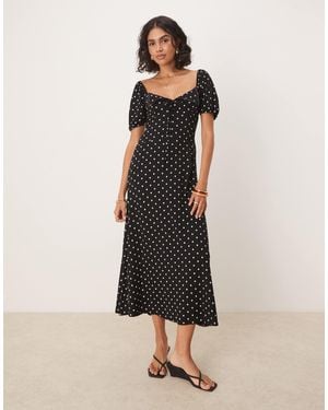 ASOS Scalloped Collar Puff Sleeve Seam Detail Midi Tea Dress - Natural