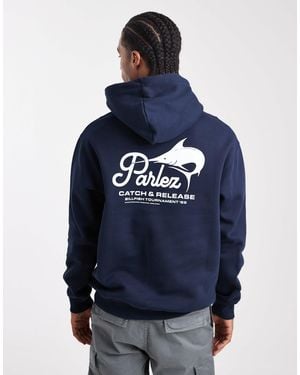 Parlez Screen Printed Fishing Graphic Logo Hoodie With Back Print - Blue
