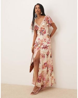 ASOS Lace Insert Chiffon Midi Tea Dress - Natural