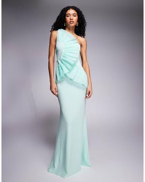 Goddiva One Shoulder Pleated Fan Maxi Dress - Blue