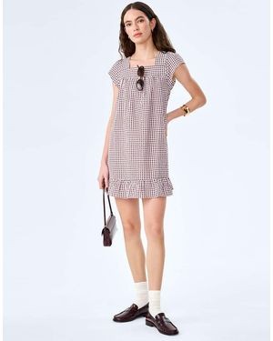 OMNES Dresses Delphine Seersucker Gingham Cotton Short Sleeve Mini Dress - White