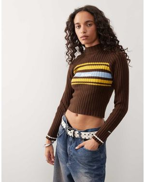 Kickers High Neck Retro Striped Jumper - Brown