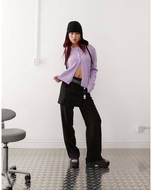 Monki Long Sleeve Slim Fit Fluffy Knit Button Front Cardigan With Puff Sleeve - Purple