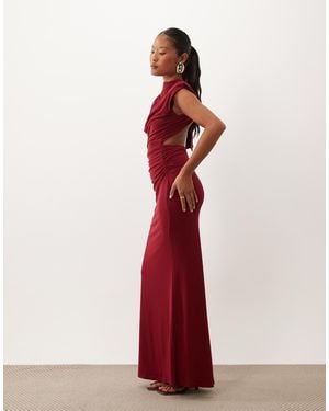 TFNC London Slinky Draped High Neck Shoulder Pad Open Back Maxi Dress - Red