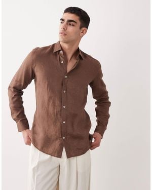 Mango 100% Linen Long Sleeve Shirt - Brown