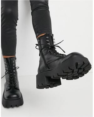 Truffle Collection Faux Leather Square Toe Chunky Lace Up Boots - Black
