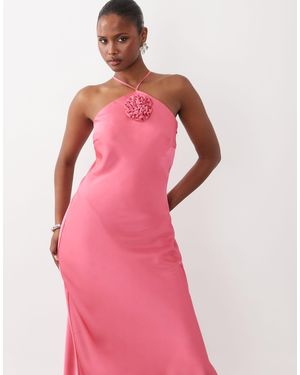 Y.A.S Halter Neck Rosette Detail Satin Maxi Dress - Pink