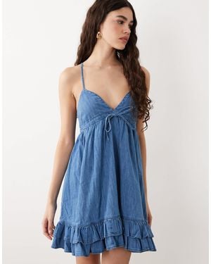 ASOS Denim V Neck Mini Dress With Frill Detail - Blue