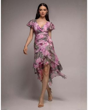 Goddiva Floral Wrap High And Low Midaxi Dress - Pink