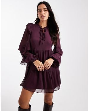 New Look Ruffle Chiffon Long Sleeve Mini Dress - Purple